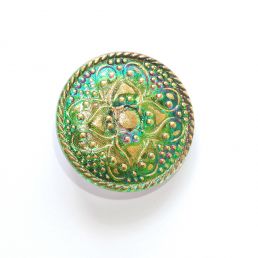 Sklenený gombík s kvetinovým motívom zeleno-fialovo-zlatý